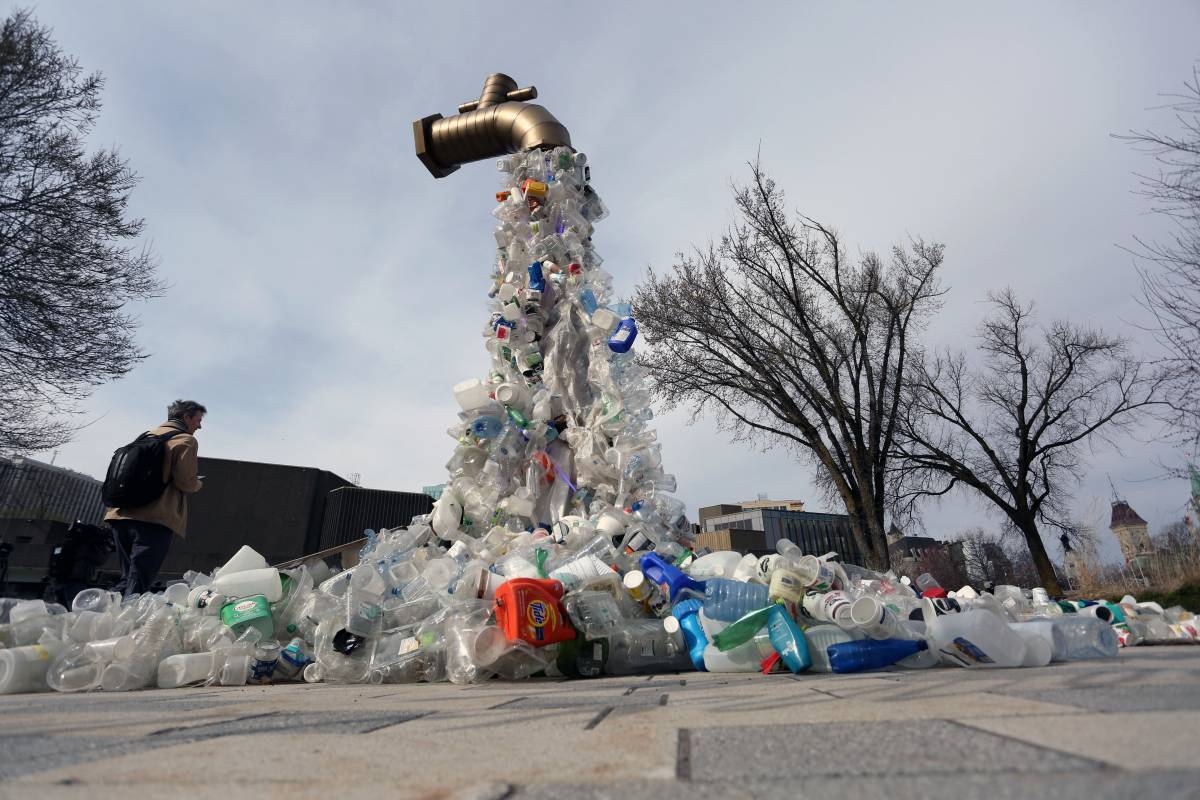 A sculpture titled "Giant Plastic Tap" by Canadian artist Benjamin Von Wong is displayed outside the fourth session of the UN Intergovernmental Negotiating Committee on Plastic Pollution in Ottawa, Canada, on April 23, 2024.
Dave Chan / AFP