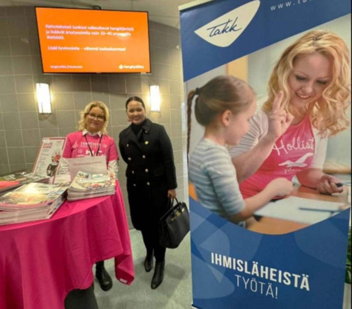 Charity Delmo (right), chief executive officer and president of Ideal Visa Consultancy (IVC), meets with one of IVC’s school partners in Finland. CONTRIBUTED PHOTO