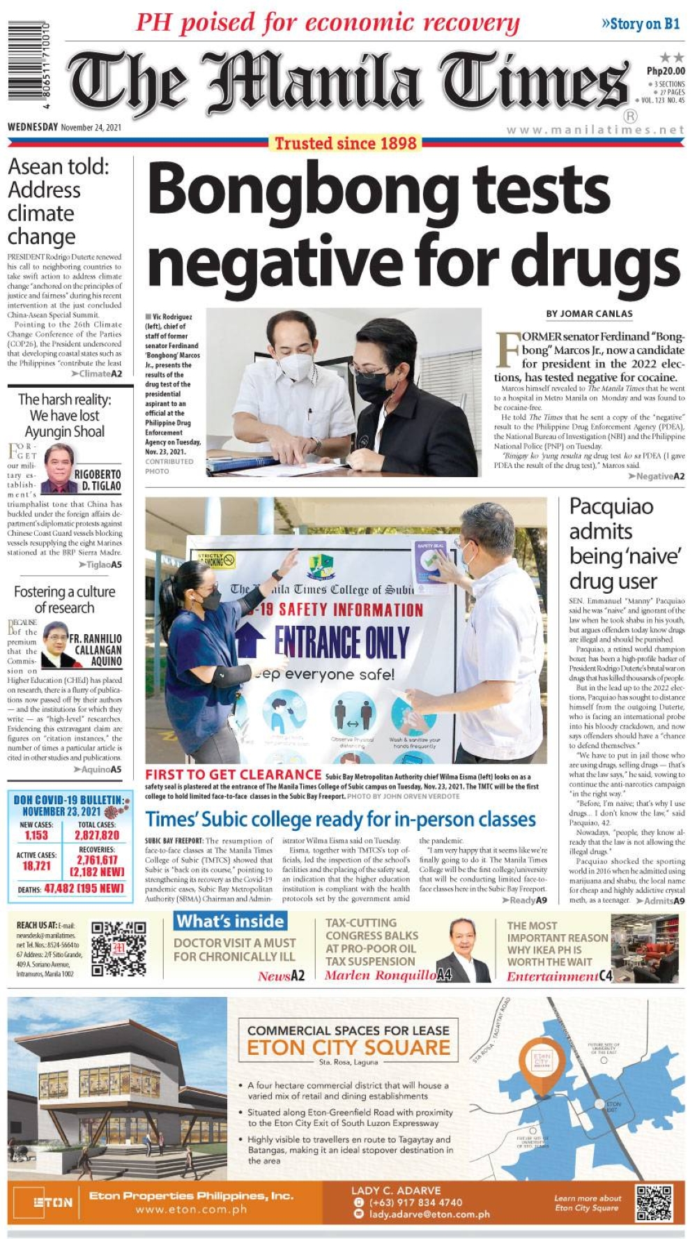 The Manila Times Front Page | November 24, 2021 | The Manila Times