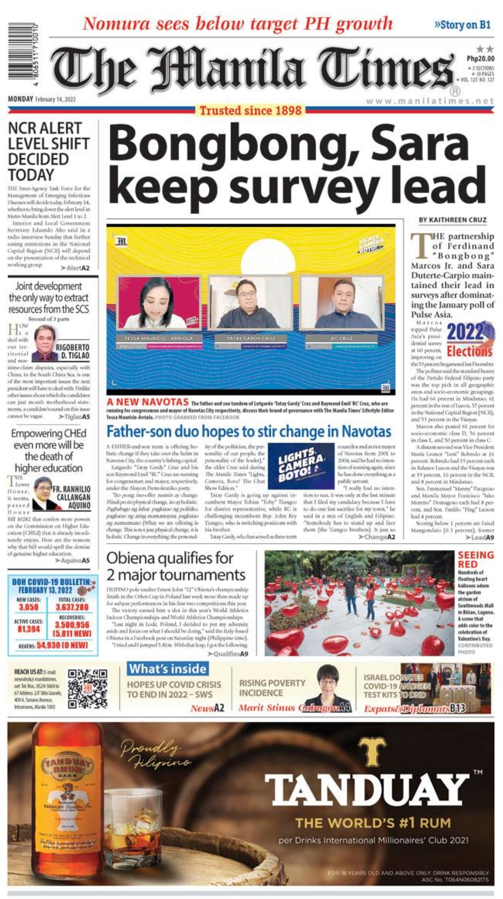 The Manila Times Front Page | February 14, 2022 | The Manila Times