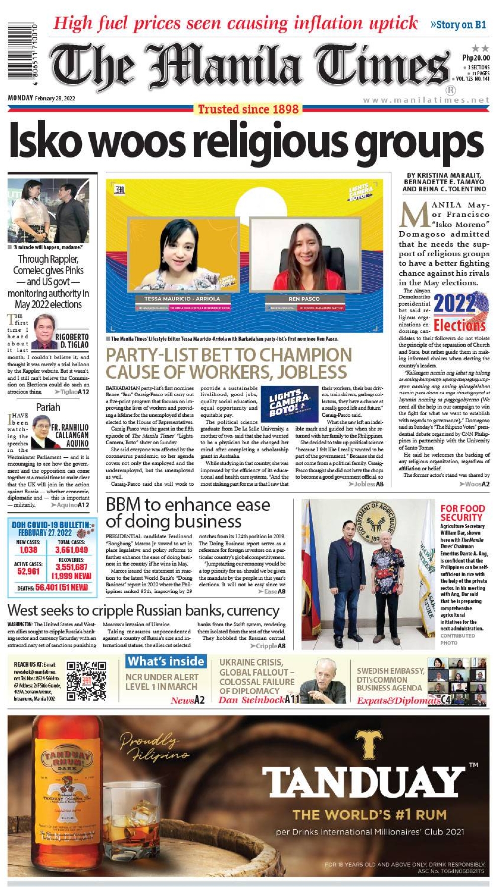 The Manila Times Frontpage February 28, 2022
