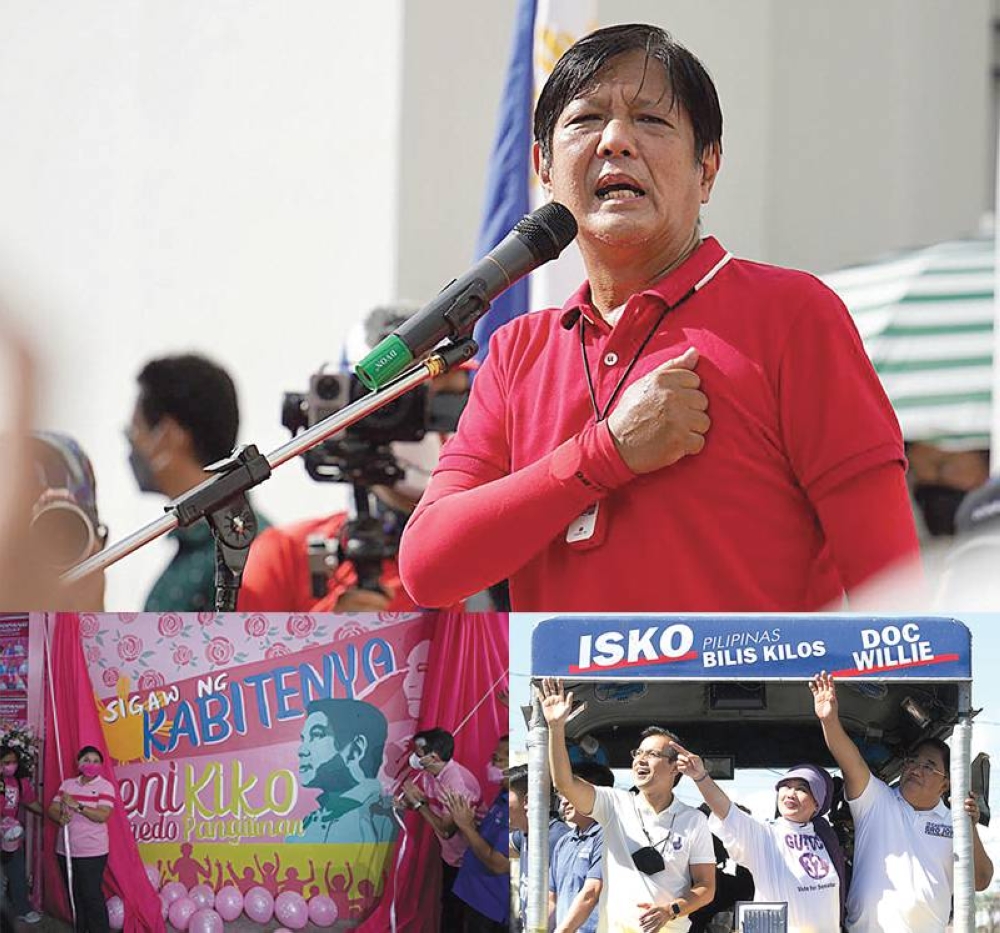 BBM, LENI, ISKO ON ROAD TRIP Presidential canidates former senator Ferdinand ‘Bongbong’ Marcos Jr., Vice President Maria Leonor ‘Leni’ Robredo and Manila Mayor Francisco ‘Isko Moreno’ Domagoso hit the road as they campaign in Sorsogon, Cavite and Isabela on Friday, March 4, 2022. Robredo and Moreno were with running mates Sen. Francis ‘Kiko’ Pangilinan and Dr. Willie Ong. PHOTOS BY RENE H. DILAN, MIKE ALQUINTO AND JOHN ORVEN VERDOTE