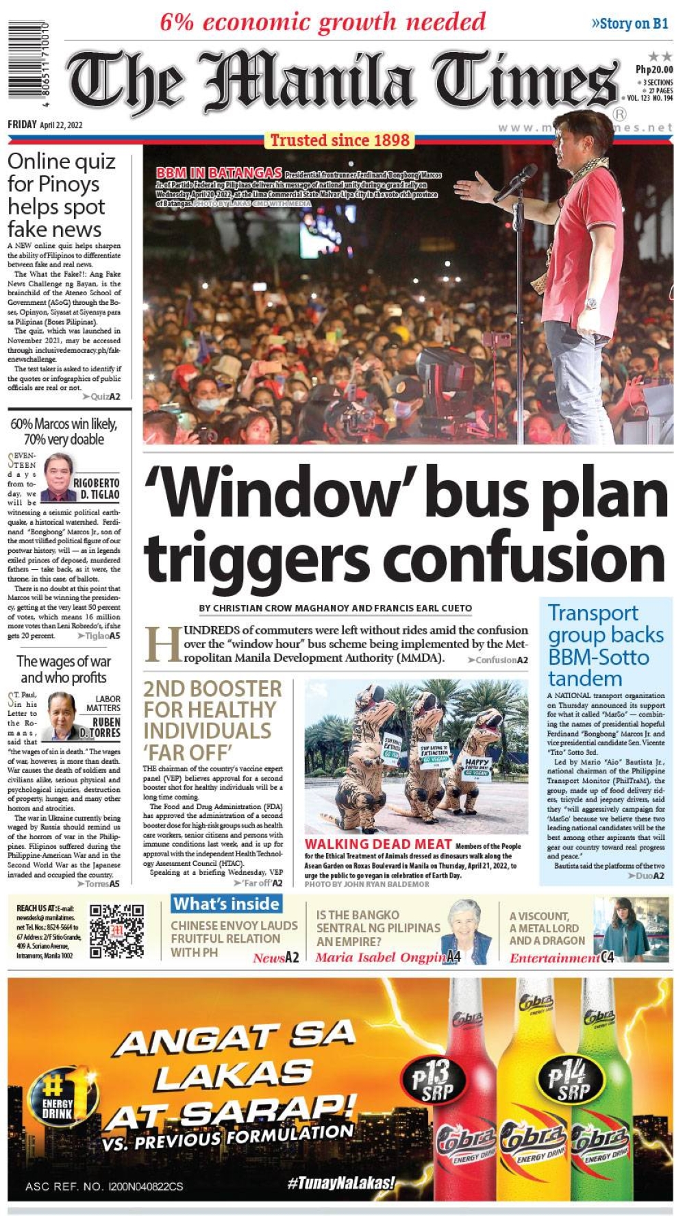 The Manila Times Front Page | April 22, 2022 | The Manila Times