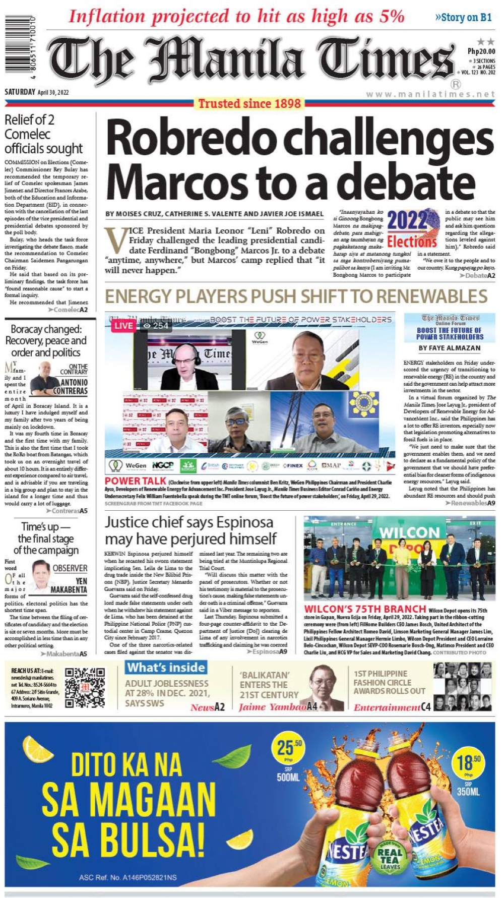 The Manila Times Front Page | April 30, 2022 | The Manila Times