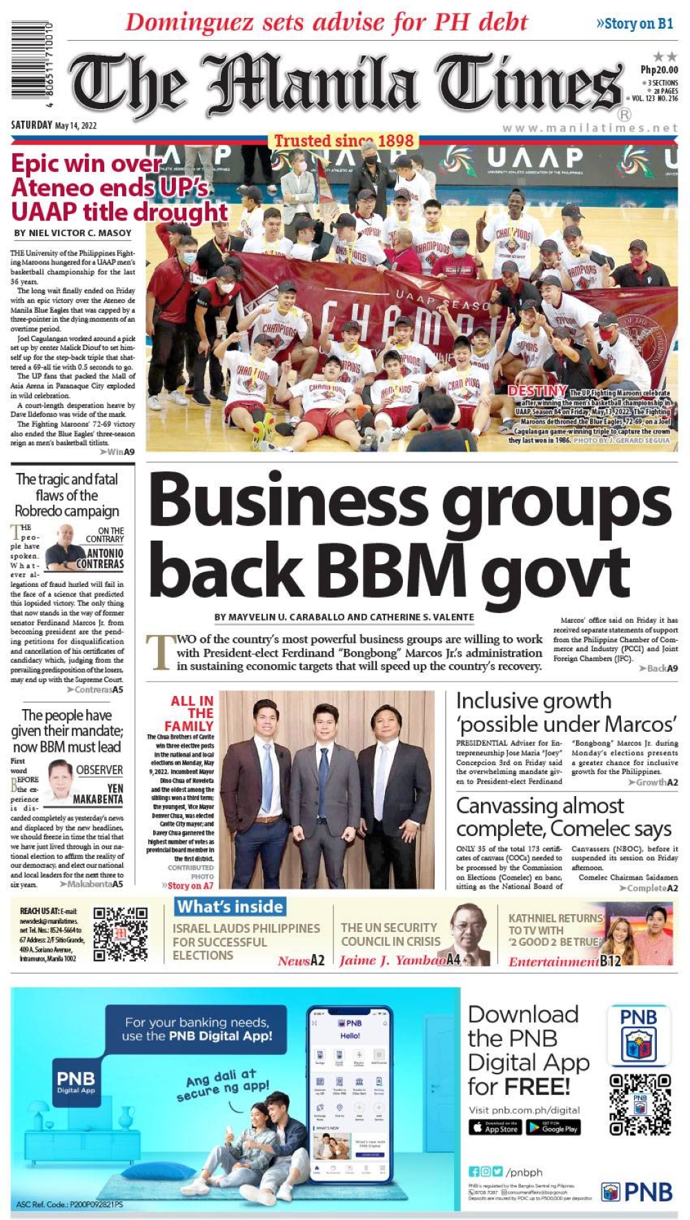 The Manila Times Frontpage May 14, 2022