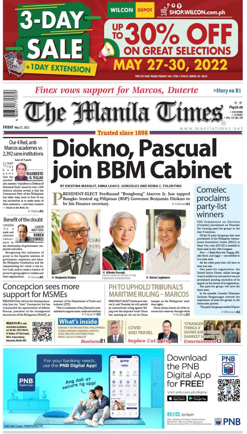 The Manila Times Front Page | May 27, 2022 | The Manila Times