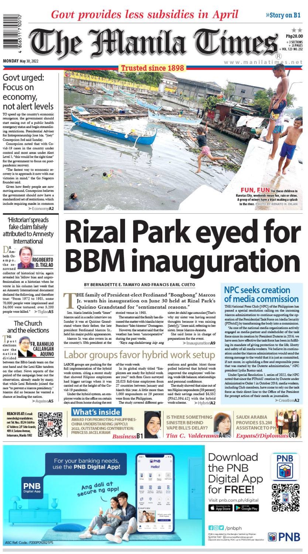 The Manila Times Front Page May 30, 2022 The Manila Times