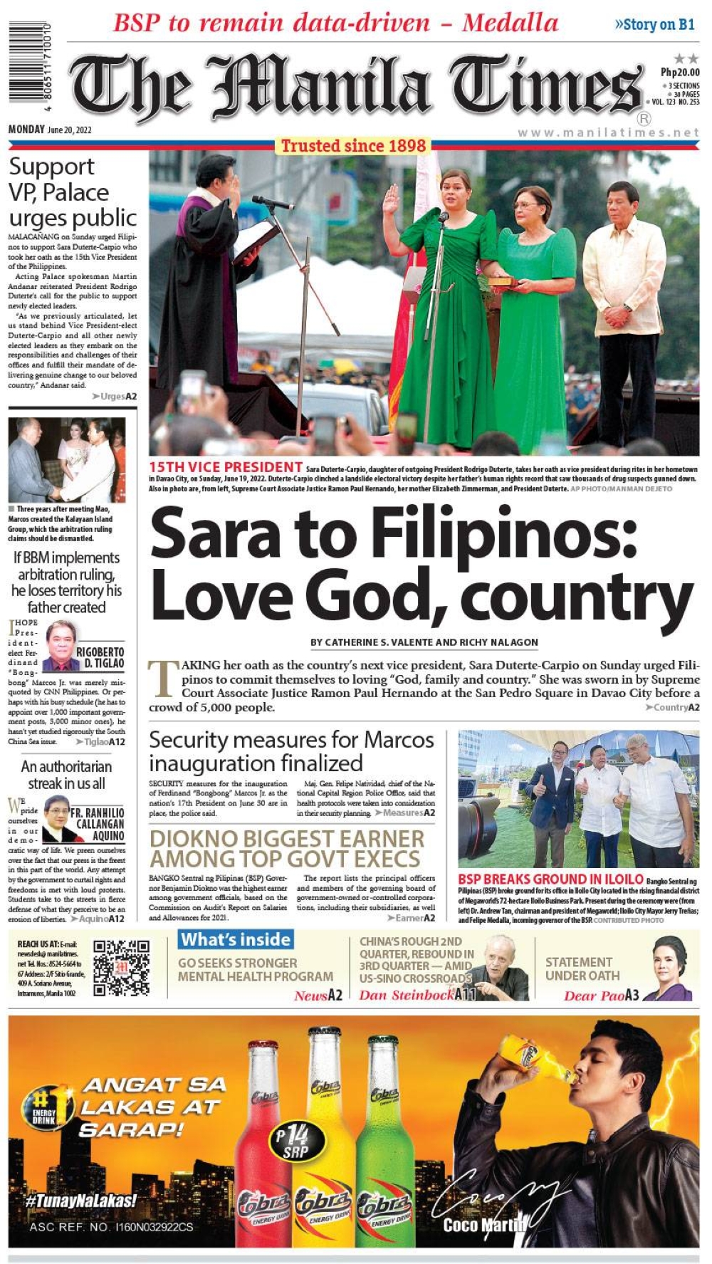 The Manila Times Front Page June 20 2022 The Manila Times