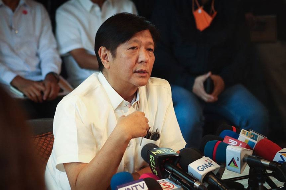 President-elect Ferdinand 'Bongbong' Marcos Jr. speaks to the media at his headquarters in Mandaluyong City on Monday, June 20, 2022. PHOTO BY J. GERARD SEGUIA