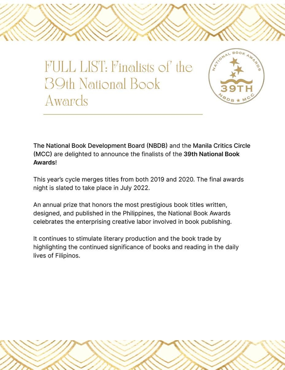 FULL LIST: Finalist Of The 39th National Book Awards | The Manila Times