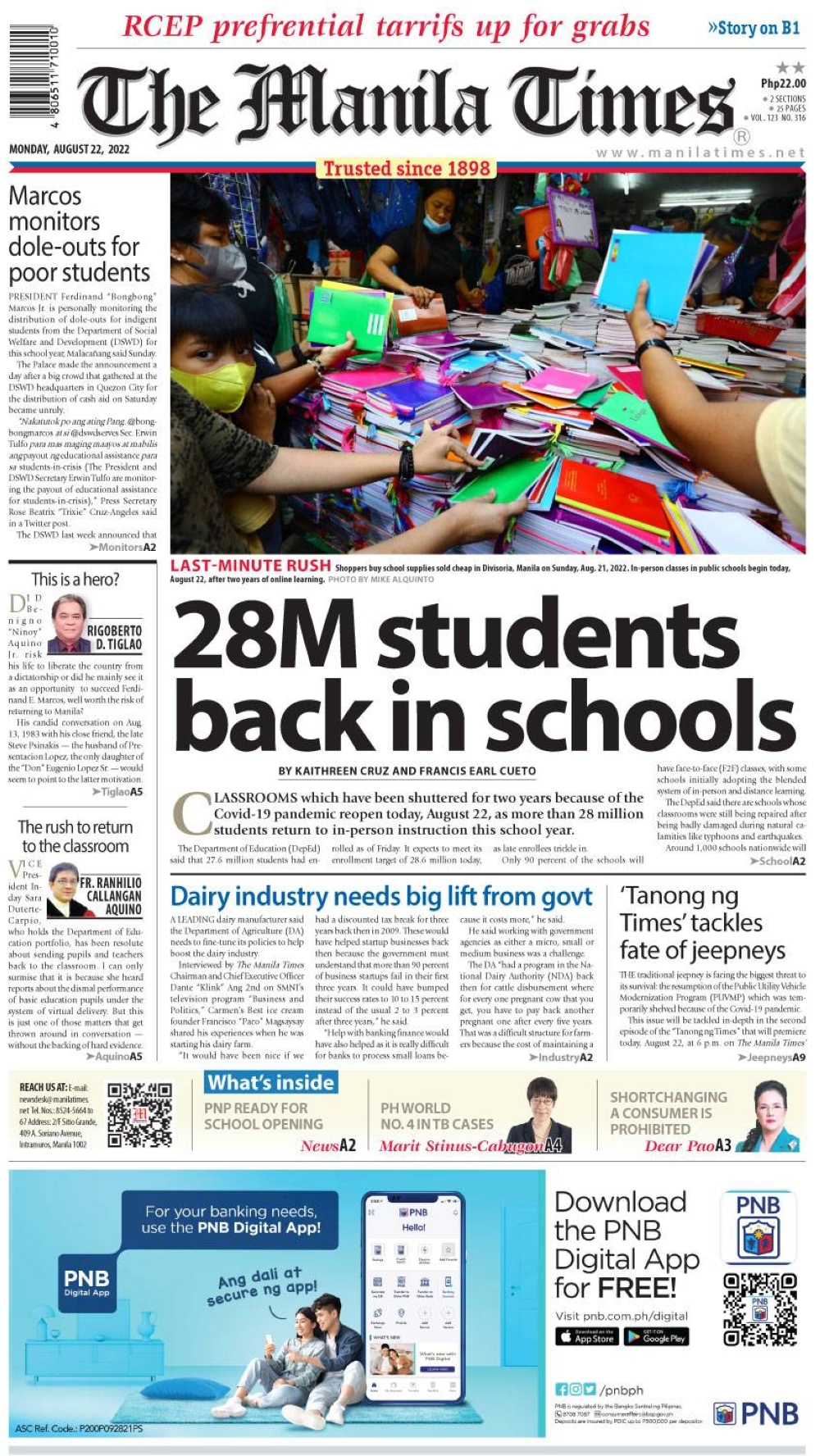 The Manila Times Front Page | August 22, 2022 | The Manila Times