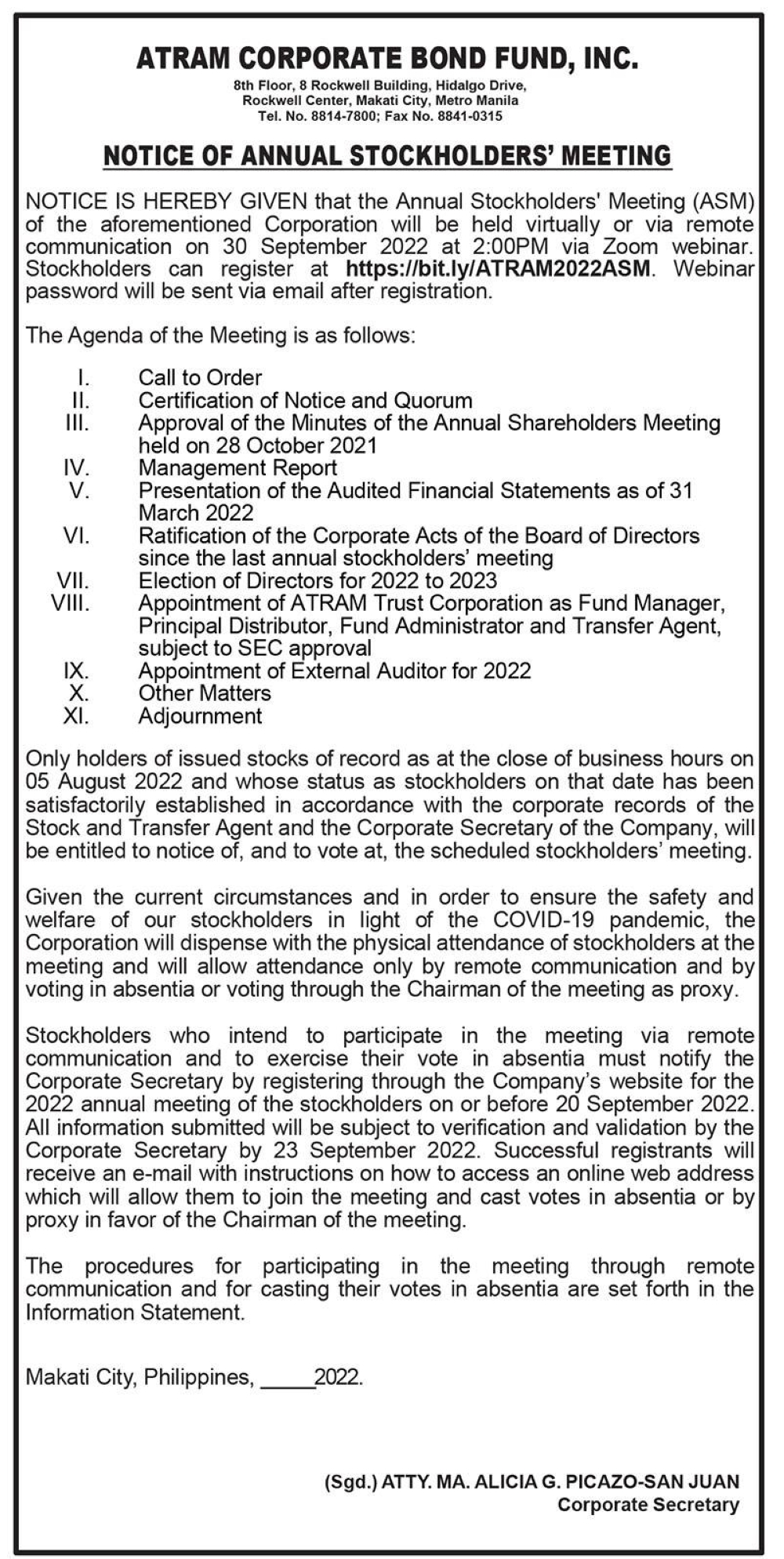 atram-corporate-bond-fund-inc-notice-of-annual-stockholders-meeting