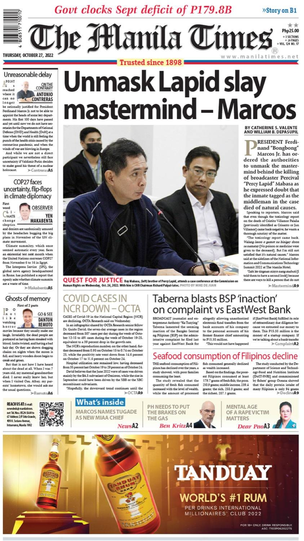 The Manila Times Front Page October 27 2022 The Manila Times