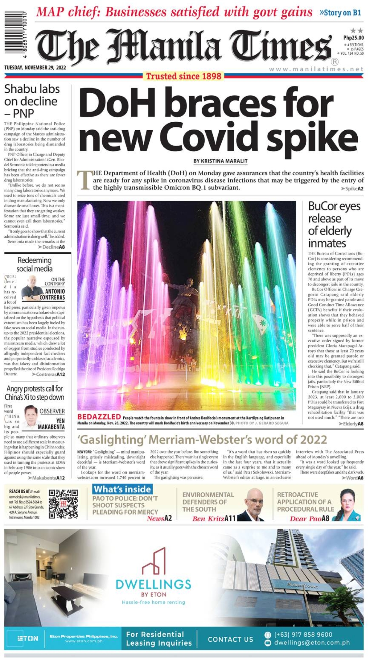 The Manila Times Front Page | November 29, 2022 | The Manila Times