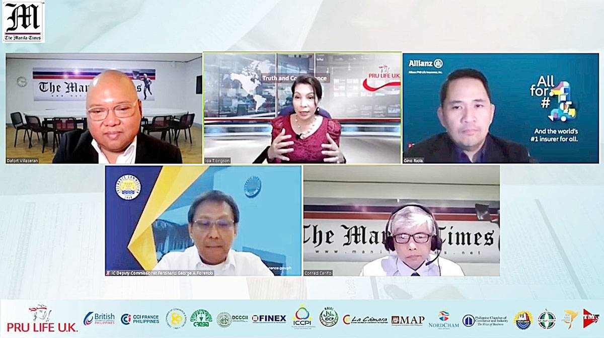 INSURANCE TALKS (Clockwise from upper left) The Manila Times editor Dafort Villaseran, Pru Life UK Chairman Imelda ‘Ida’ Tiongson, Allianz PNB Life Chief Marketing Officer Gino Riola, Times editor Conrad Cariño, and Insurance Commission Deputy Commissioner Ferdinand ‘Bong’ Florendo during the forum ‘Insurance Truth and Consequence’ held on Tuesday, Dec. 13, 2022. TMT SCREENGRAB