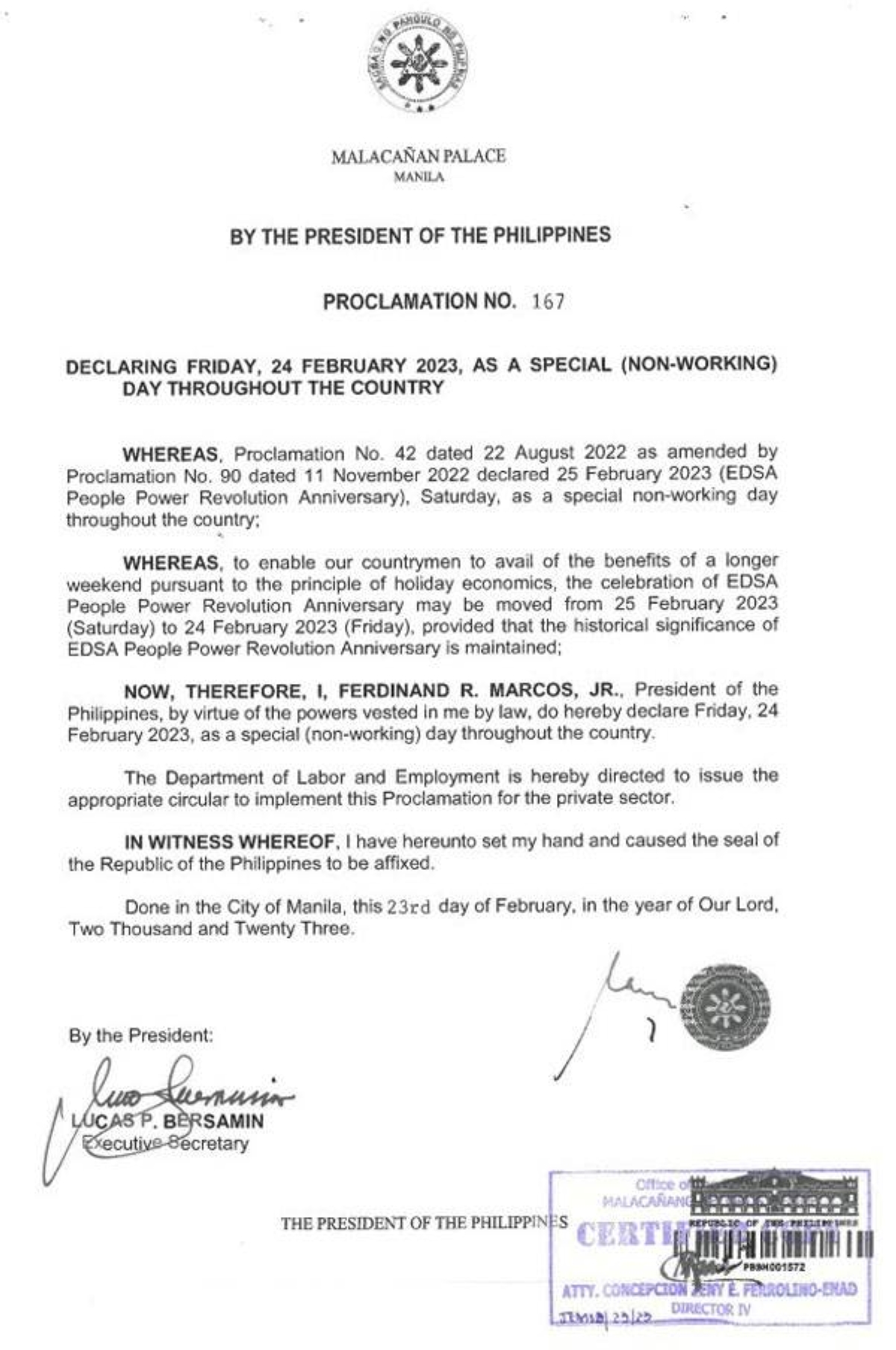 Marcos declares Feb 24 a holiday to commemorate 'people power