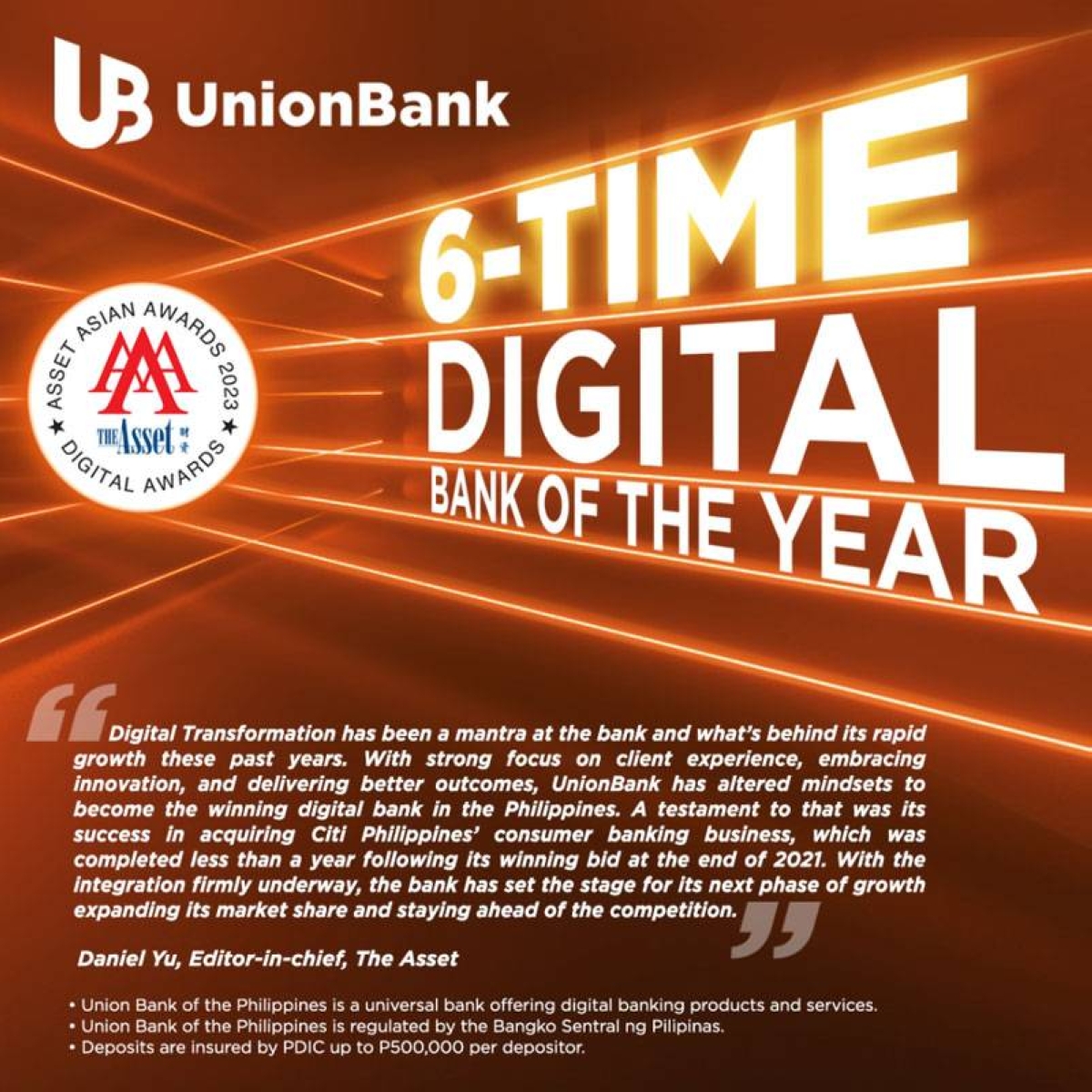 UnionBank asserts Asia's Digital Bank of the Year title anew The