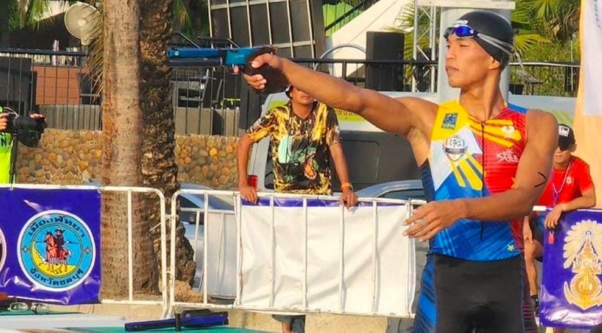 Samuel German aims at the target in the 10-meter pistol event of the Triathle category in the UIPM 2023 Southeast Asia Championships last week in Pattaya, Thailand. MP ASSOCIATION PHOTO