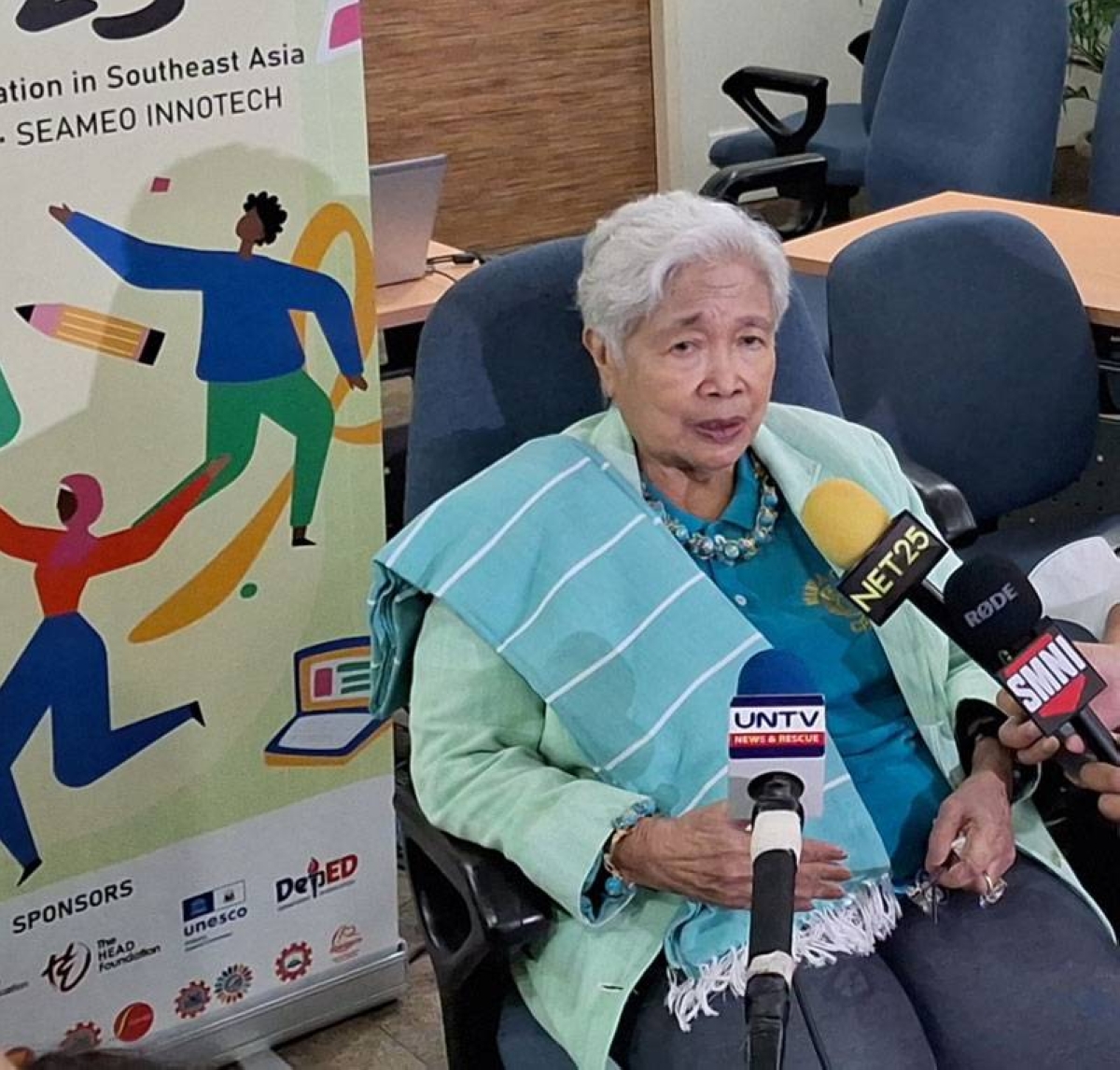 Seameo Innotech Center director and former Education secretary Leonor Briones faces the media during the lunch break on the first day of the summit.