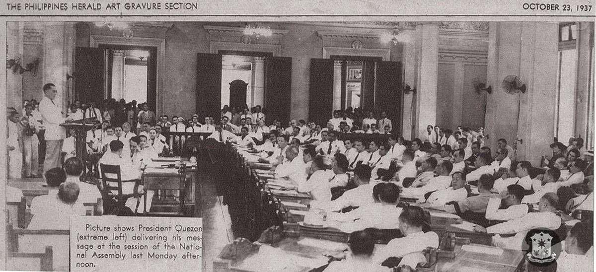 Then-president Manuel Quezon delivers his 3rd State of the Nation Address at the Legislative Building, Manila on Oct. 18, 1937. PHOTO FROM ‘THE HERALD’ ON OCT. 19, 1937 FROM THE HISTOGRAVURE OF MANUEL QUEZON