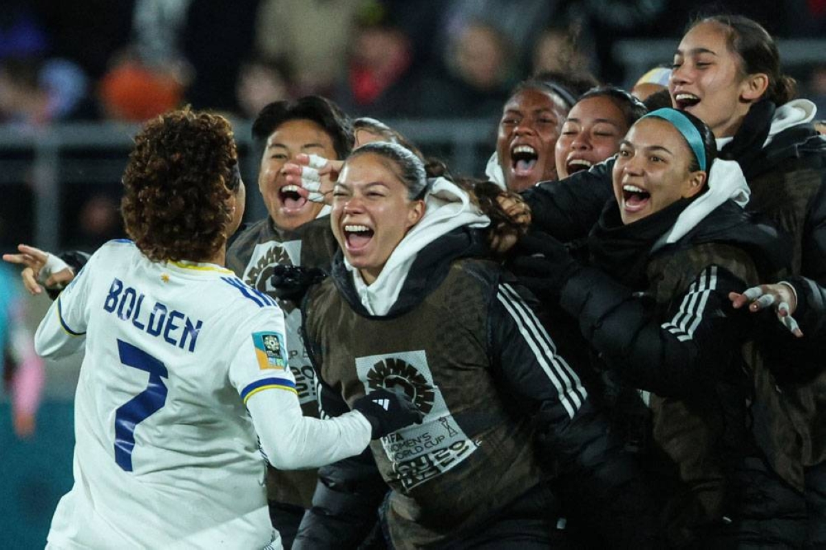 Philippines' Sarina Bolden (left) celebrates scoring her team's first goal during the 2023 Women's World Cup Group A football match between New Zealand and the Philippines at Wellington Stadium, also known as Sky Stadium, in Wellington on July 25, 2023. AFP PHOTO