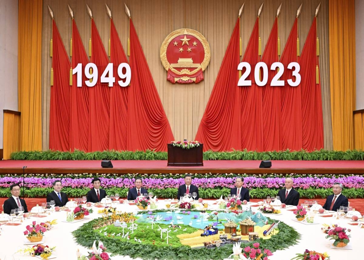 The Communist Party of China and state leaders Xi Jinping, Li Qiang, Zhao Leji, Wang Huning, Cai Qi, Ding Xuexiang, Li Xi and Han Zheng attend a grand reception to celebrate the 74th anniversary of the founding of the People's Republic of China together with around 800 Chinese and foreign guests at the Great Hall of the People in Beijing, capital of China, Sept. 28, 2023. XINHUA PHOTO