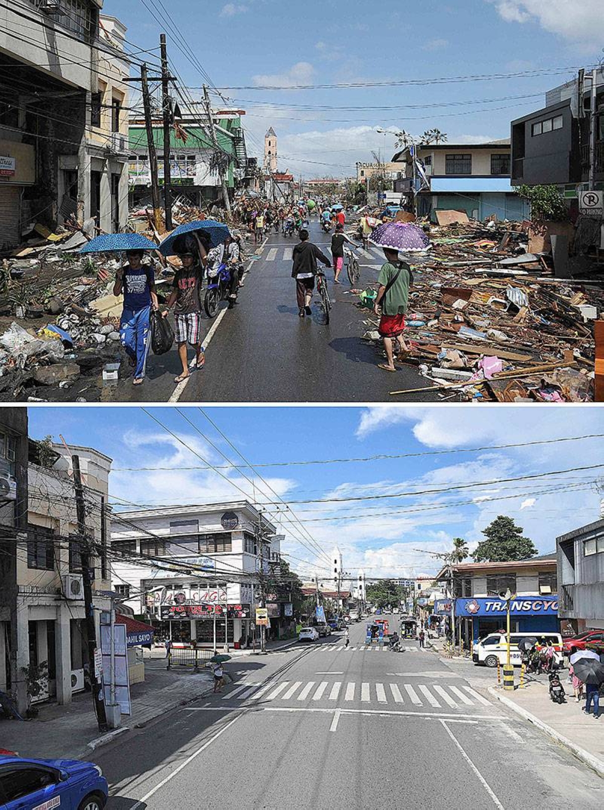 Then, now This combination of two photographs created on Oct. 24, 2023, shows people walking past rubble and debris near the intersection of Burgos and Real streets in Tacloban City, Leyte province, on Nov. 10, 2013 (top) after Super Typhoon ‘Yolanda’ made landfall and a view of the intersection 10 years later on Oct. 12, 2023 (bottom). AFP PHOTO