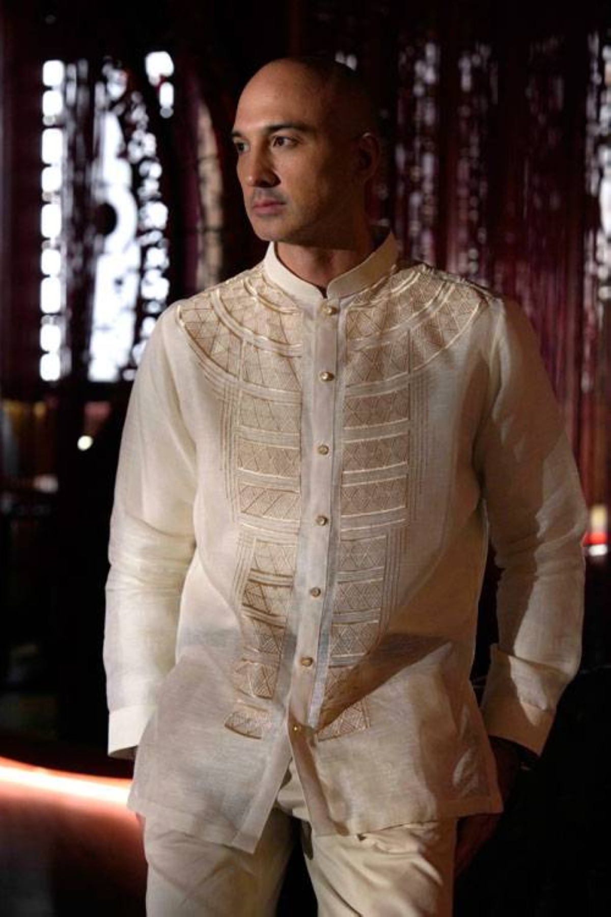 HEARTY HOST TV and event host KC Montero wears a one-of-a-kind men's barong with embroidery inspired by warrior tattoos.