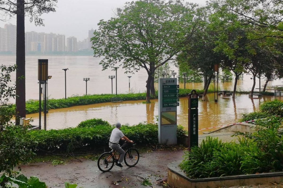 A cyclist peddles past flood waters near a river in Qingyuan City, in China’s southern Guangdong Province on April 21, 2024. AFP PHOTO