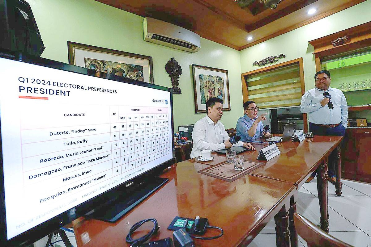 TOP PRESIDENTIAL PICK IN 2028 (From left) Dr. Dennis Coronacion, Oculum chief political analyst; Dr. Racidon Bernarte, Oculum research head; and Felipe Salvosa II, moderator, present the results of a presidential survey to the media on Friday, April 26, 2024. The first-quarter opinion poll by Oculum and Research Analytics showed Vice President Sara Duterte as the top choice for president in 2028. PHOTO BY RIO DELUVIO