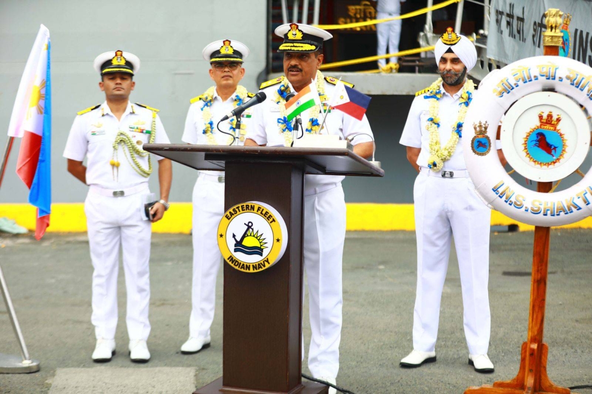 Rear Admiral Rajesh Dhankhar, commanding flag officer of the Eastern Fleet of the Indian Navy, delivers a speech shortly after the arrival of INS Shakti Fleet Tanker, INS Delhi and INS Kiltan in Manila on May 19, 2024. The three ships are in Manila for a three-day goodwill visit. PHOTOS BY MIKE ALQUINTO
