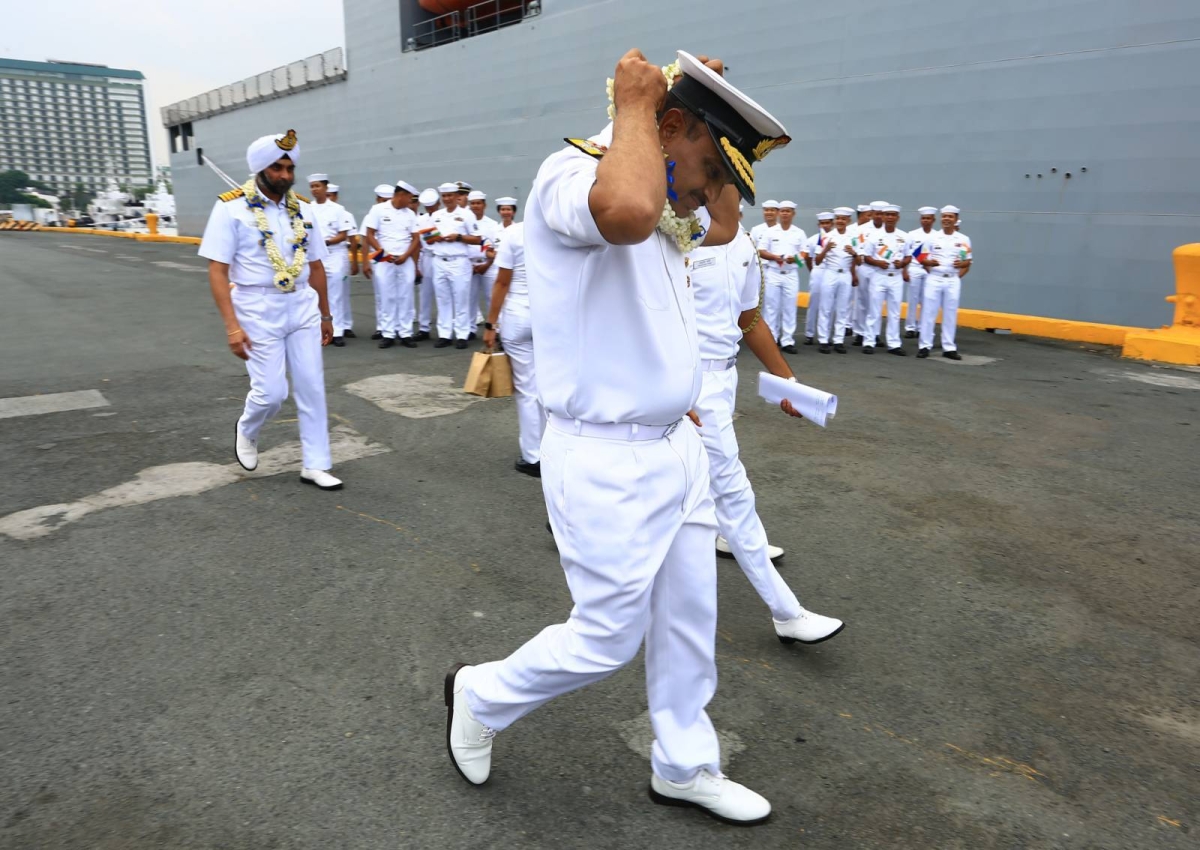 Rear Admiral Rajesh Dhankhar, commanding flag officer of the Eastern Fleet of the Indian Navy, delivers a speech shortly after the arrival of INS Shakti Fleet Tanker, INS Delhi and INS Kiltan in Manila on May 19, 2024. The three ships are in Manila for a three-day goodwill visit. PHOTOS BY MIKE ALQUINTO
