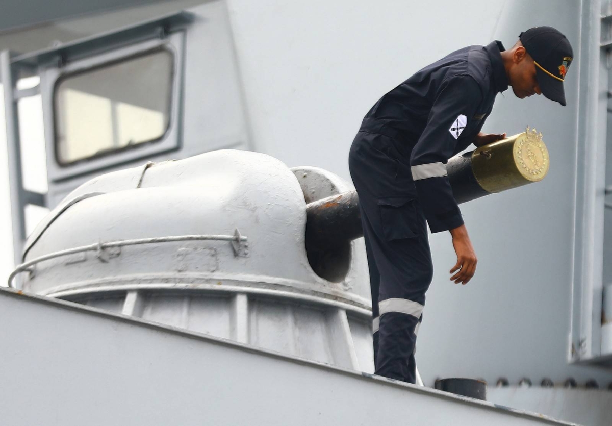 Rear Admiral Rajesh Dhankhar, commanding flag officer of the Eastern Fleet of the Indian Navy, delivers a speech shortly after the arrival of INS Shakti Fleet Tanker, INS Delhi and INS Kiltan in Manila on May 19, 2024. The three ships are in Manila for a three-day goodwill visit. PHOTOS BY MIKE ALQUINTO
