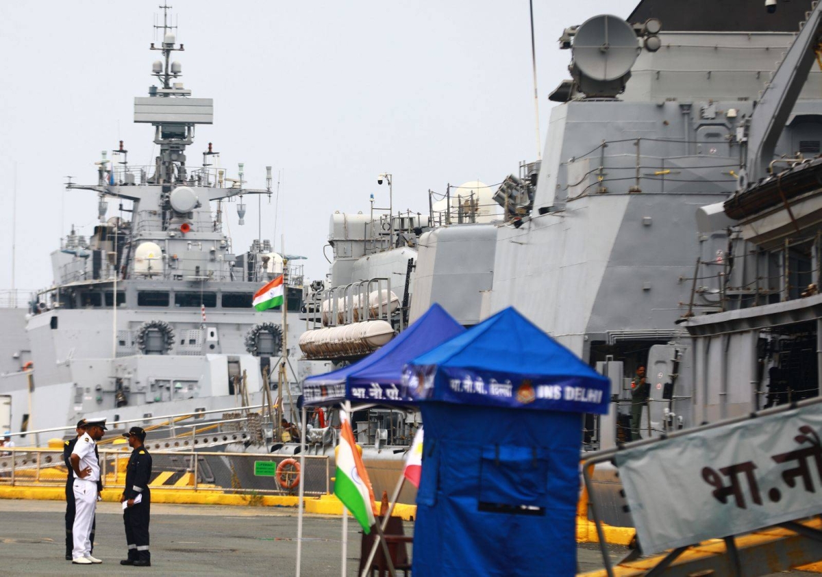 Rear Admiral Rajesh Dhankhar, commanding flag officer of the Eastern Fleet of the Indian Navy, delivers a speech shortly after the arrival of INS Shakti Fleet Tanker, INS Delhi and INS Kiltan in Manila on May 19, 2024. The three ships are in Manila for a three-day goodwill visit. PHOTOS BY MIKE ALQUINTO
