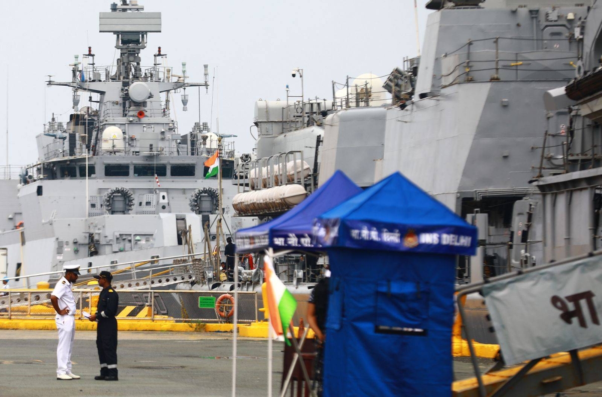 Rear Admiral Rajesh Dhankhar, commanding flag officer of the Eastern Fleet of the Indian Navy, delivers a speech shortly after the arrival of INS Shakti Fleet Tanker, INS Delhi and INS Kiltan in Manila on May 19, 2024. The three ships are in Manila for a three-day goodwill visit. PHOTOS BY MIKE ALQUINTO
