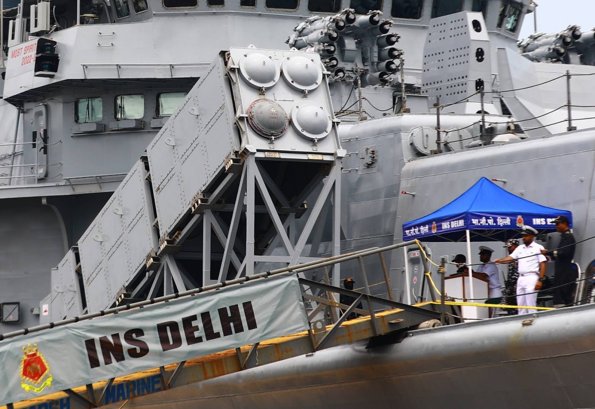 Rear Admiral Rajesh Dhankhar, commanding flag officer of the Eastern Fleet of the Indian Navy, delivers a speech shortly after the arrival of INS Shakti Fleet Tanker, INS Delhi and INS Kiltan in Manila on May 19, 2024. The three ships are in Manila for a three-day goodwill visit. PHOTOS BY MIKE ALQUINTO
