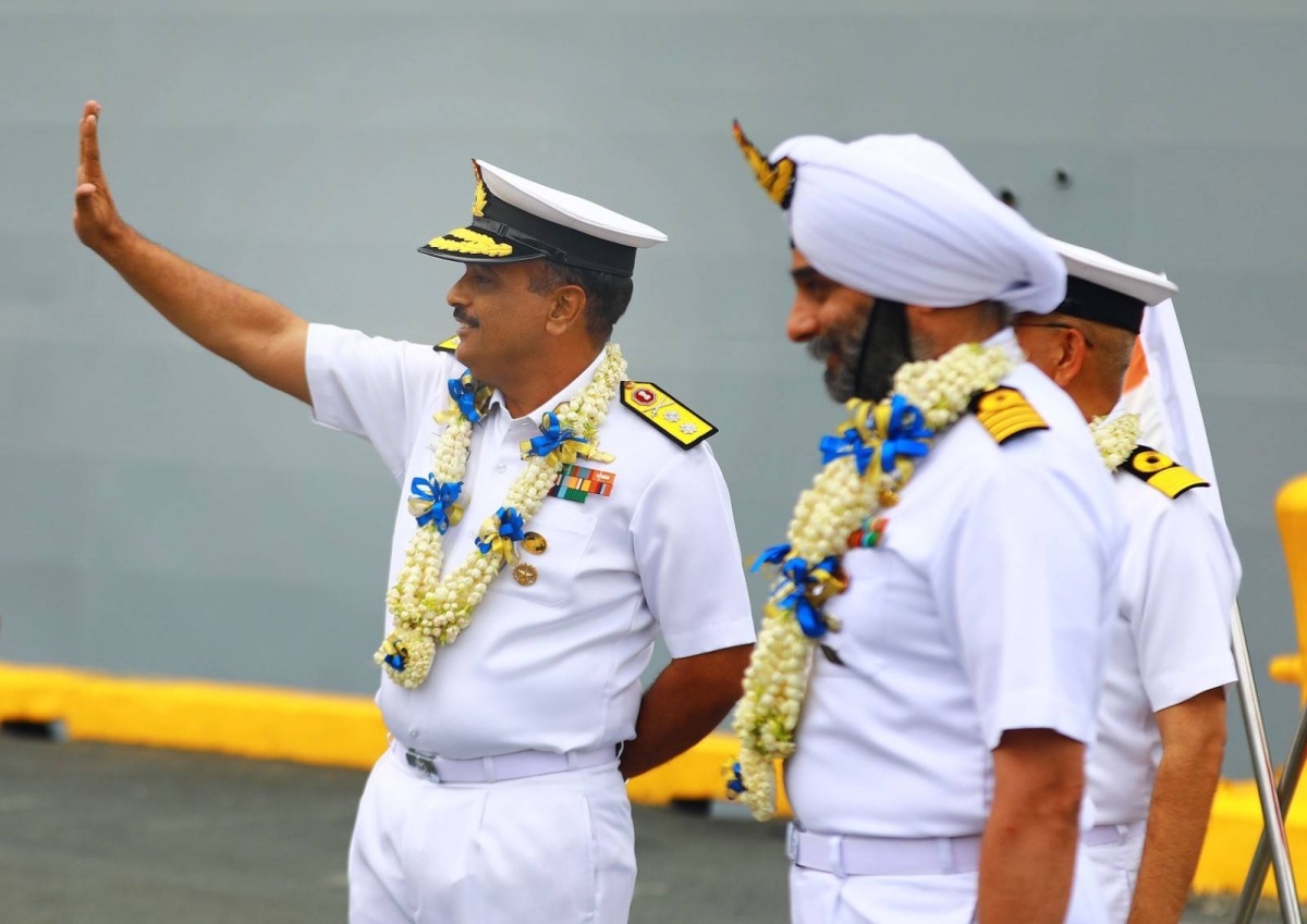 Rear Admiral Rajesh Dhankhar, commanding flag officer of the Eastern Fleet of the Indian Navy, delivers a speech shortly after the arrival of INS Shakti Fleet Tanker, INS Delhi and INS Kiltan in Manila on May 19, 2024. The three ships are in Manila for a three-day goodwill visit. PHOTOS BY MIKE ALQUINTO
