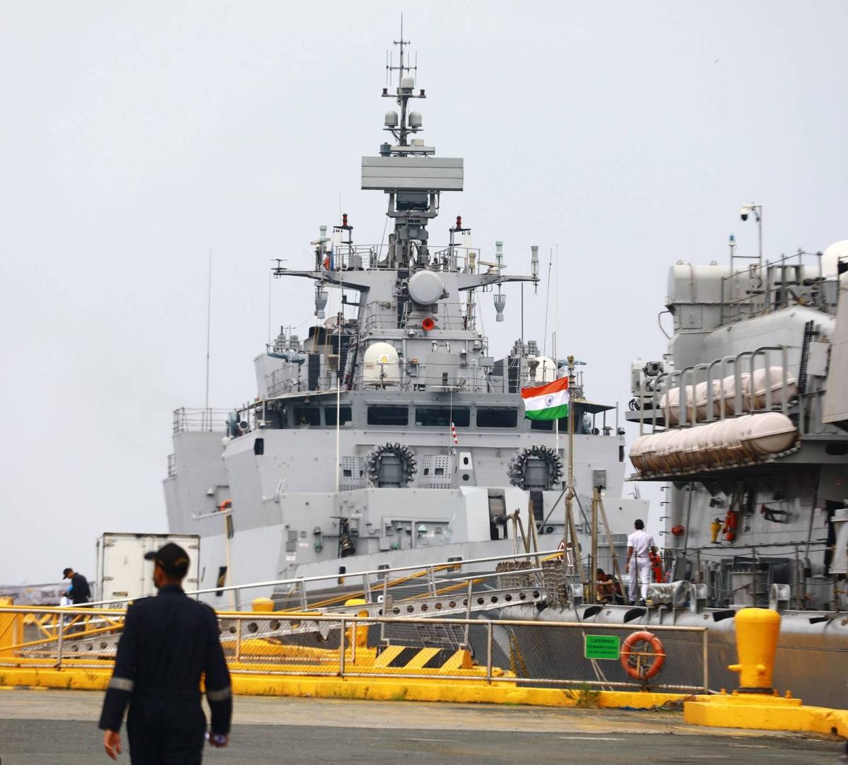 Rear Admiral Rajesh Dhankhar, commanding flag officer of the Eastern Fleet of the Indian Navy, delivers a speech shortly after the arrival of INS Shakti Fleet Tanker, INS Delhi and INS Kiltan in Manila on May 19, 2024. The three ships are in Manila for a three-day goodwill visit. PHOTOS BY MIKE ALQUINTO
