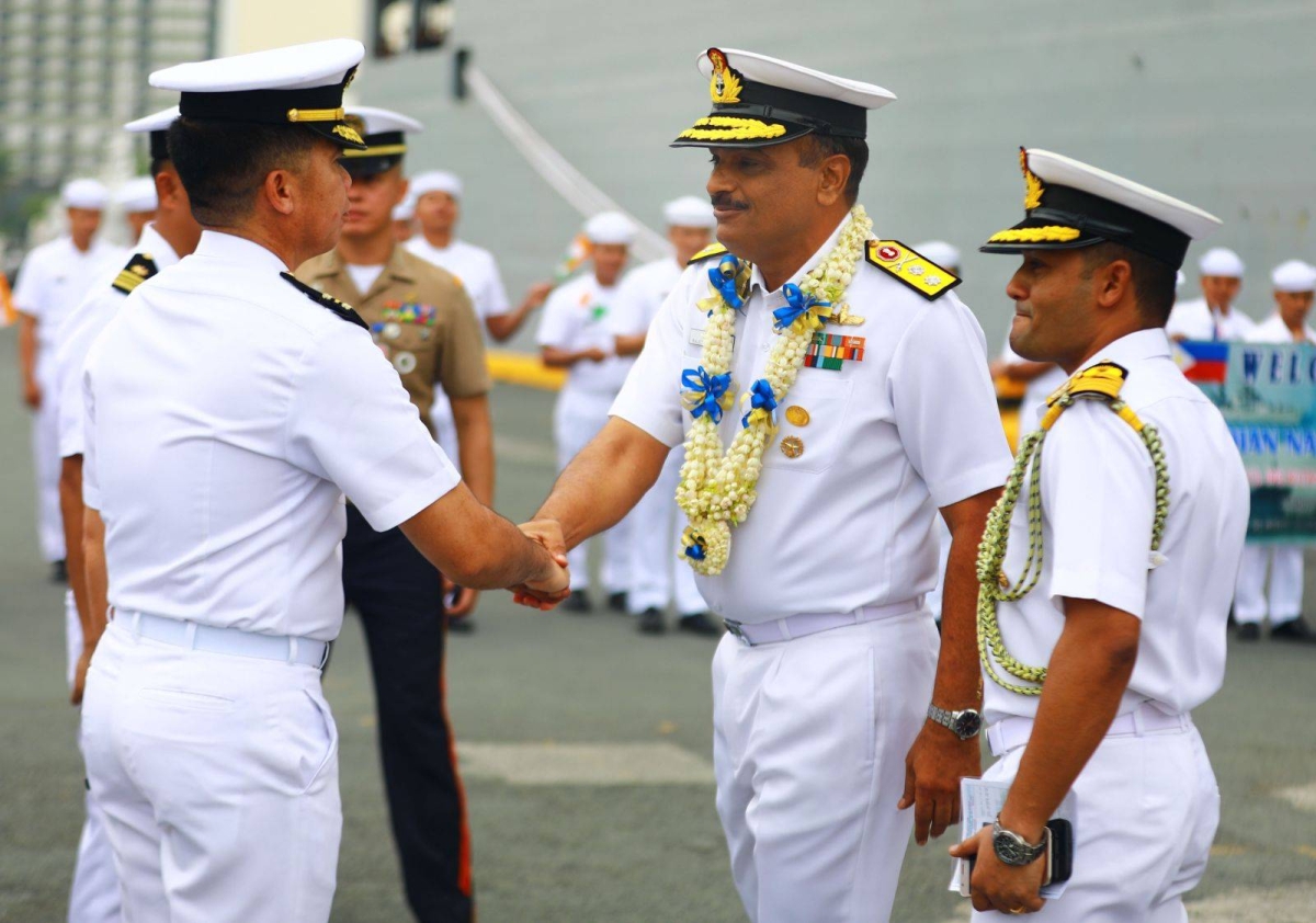 Rear Admiral Rajesh Dhankhar, commanding flag officer of the Eastern Fleet of the Indian Navy, delivers a speech shortly after the arrival of INS Shakti Fleet Tanker, INS Delhi and INS Kiltan in Manila on May 19, 2024. The three ships are in Manila for a three-day goodwill visit. PHOTOS BY MIKE ALQUINTO
