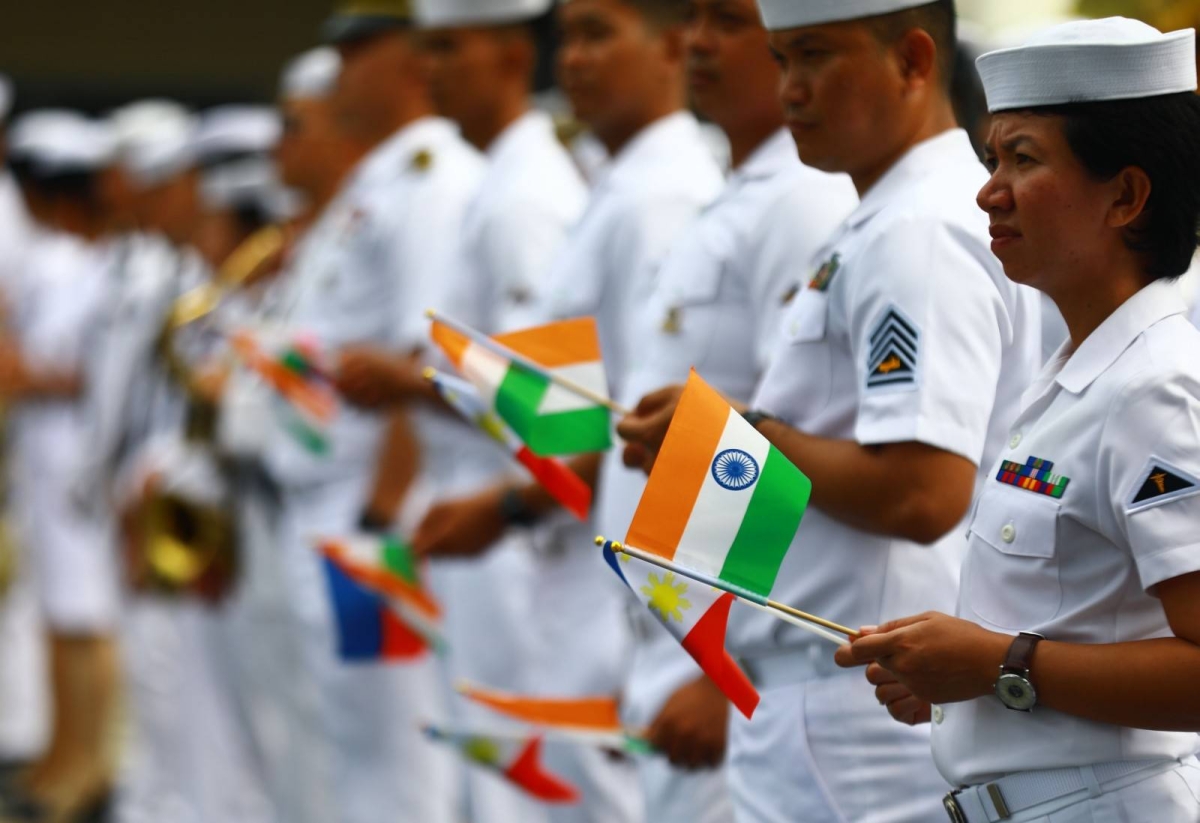 Rear Admiral Rajesh Dhankhar, commanding flag officer of the Eastern Fleet of the Indian Navy, delivers a speech shortly after the arrival of INS Shakti Fleet Tanker, INS Delhi and INS Kiltan in Manila on May 19, 2024. The three ships are in Manila for a three-day goodwill visit. PHOTOS BY MIKE ALQUINTO
