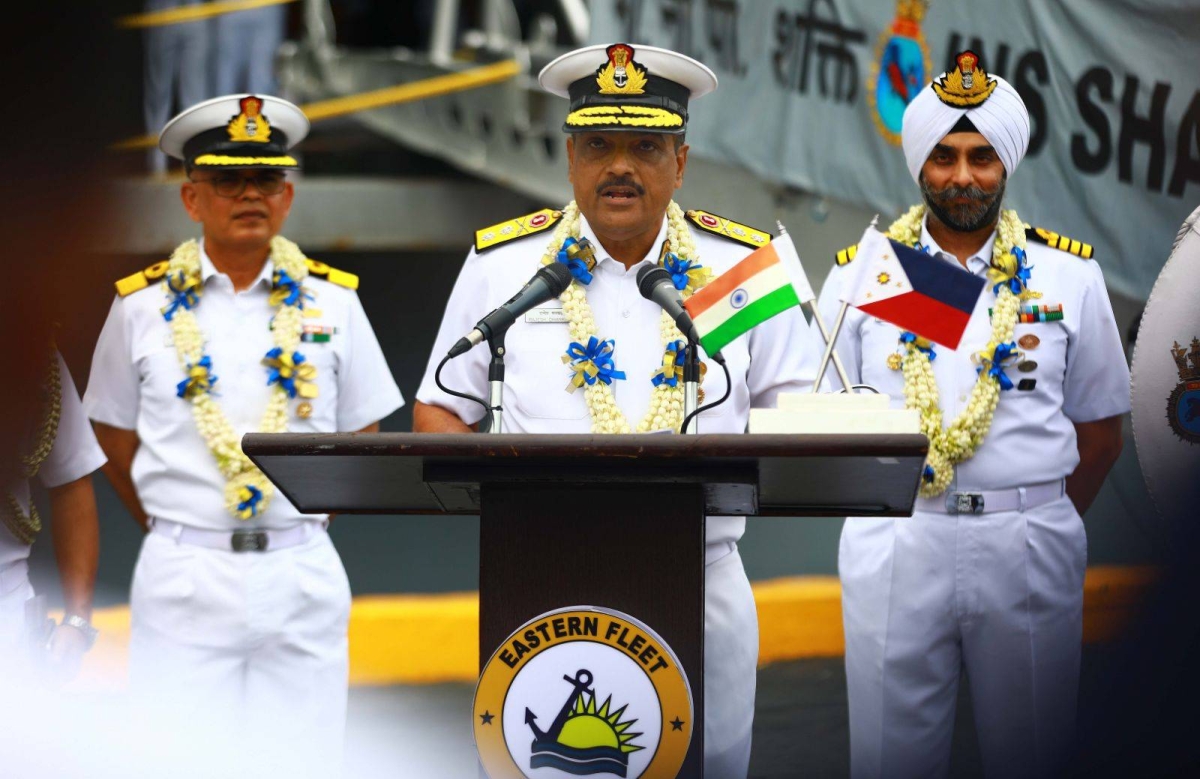 Rear Admiral Rajesh Dhankhar, commanding flag officer of the Eastern Fleet of the Indian Navy, delivers a speech shortly after the arrival of INS Shakti Fleet Tanker, INS Delhi and INS Kiltan in Manila on May 19, 2024. The three ships are in Manila for a three-day goodwill visit. PHOTOS BY MIKE ALQUINTO
