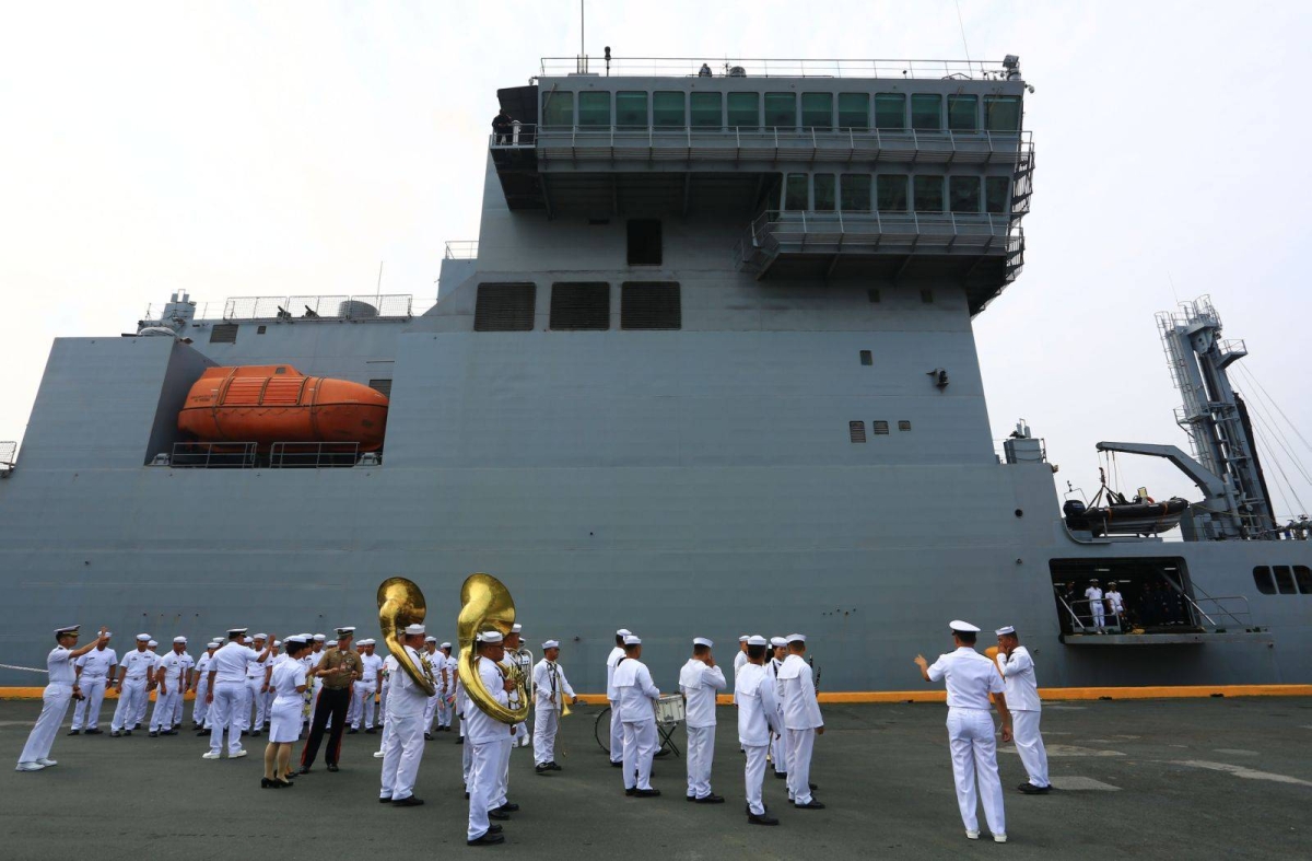 Rear Admiral Rajesh Dhankhar, commanding flag officer of the Eastern Fleet of the Indian Navy, delivers a speech shortly after the arrival of INS Shakti Fleet Tanker, INS Delhi and INS Kiltan in Manila on May 19, 2024. The three ships are in Manila for a three-day goodwill visit. PHOTOS BY MIKE ALQUINTO
