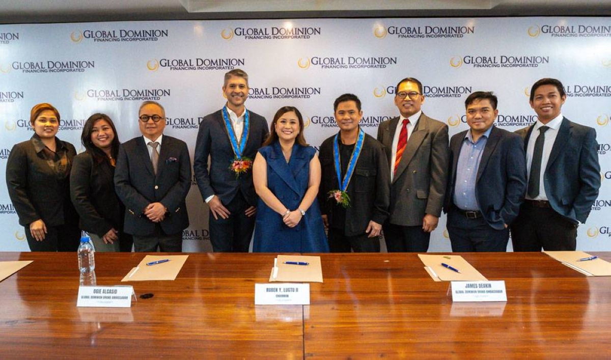 In the photo are Ruben Lugtu 2nd, Global Dominion Financing Inc. (GDFI) chairman (3rd from left); James Deakin, brand ambassador; Patricia Poco-Palacios, GDFI president and managing director (center); Ogie Alcasid, brand ambassador; and Robert Jordan Jr., Global Dominion chief executive officer (3rd from right). CONTRIBUTED PHOTO