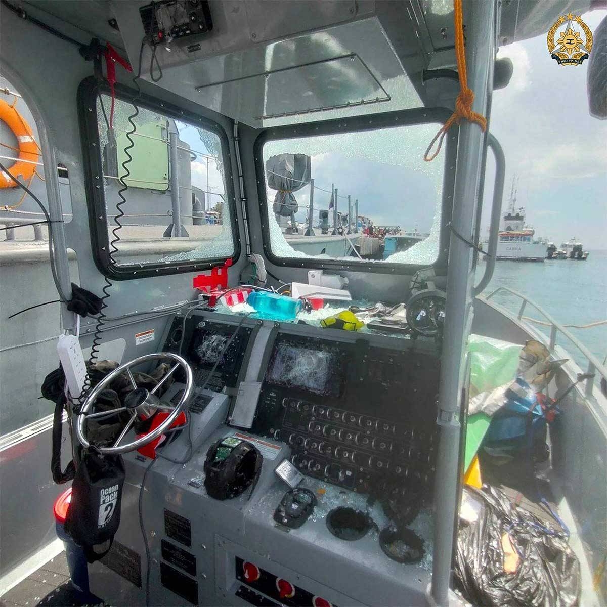This handout photograph taken on June 17, 2024 and released by Armed Forces of the Philippines-Public Affairs Office (AFP-PAO) on June 19 shows destroyed windshield with communication and navigational equipments of a Philippine navy boat. The Philippine military said on June 19, the Chinese coast guard rammed and boarded Filipino navy boats in a violent confrontation in the South China Sea this week in which a Filipino sailor lost a thumb. China defended its actions, with its foreign ministry saying that 