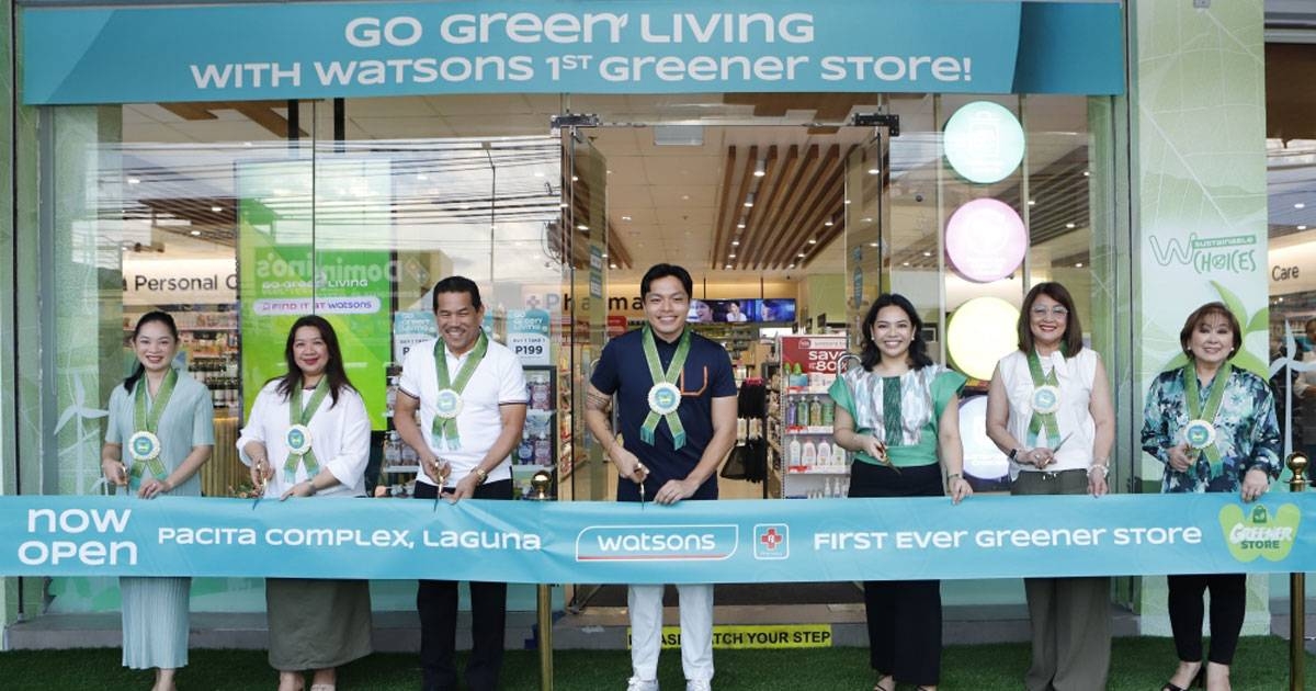 Watsons Group Category Manager for Trading Beauty Zyra Tinio-Obias, Sales Operations Director Loren Ortencio, village chief Ernesto Doncillo, San Pedro Legal Officer Jayson Nelson Loyola, Coloma, Jimenez, and Trading Health Consultant Belle Pesayco at the opening ceremony of Watsons Greener Store.