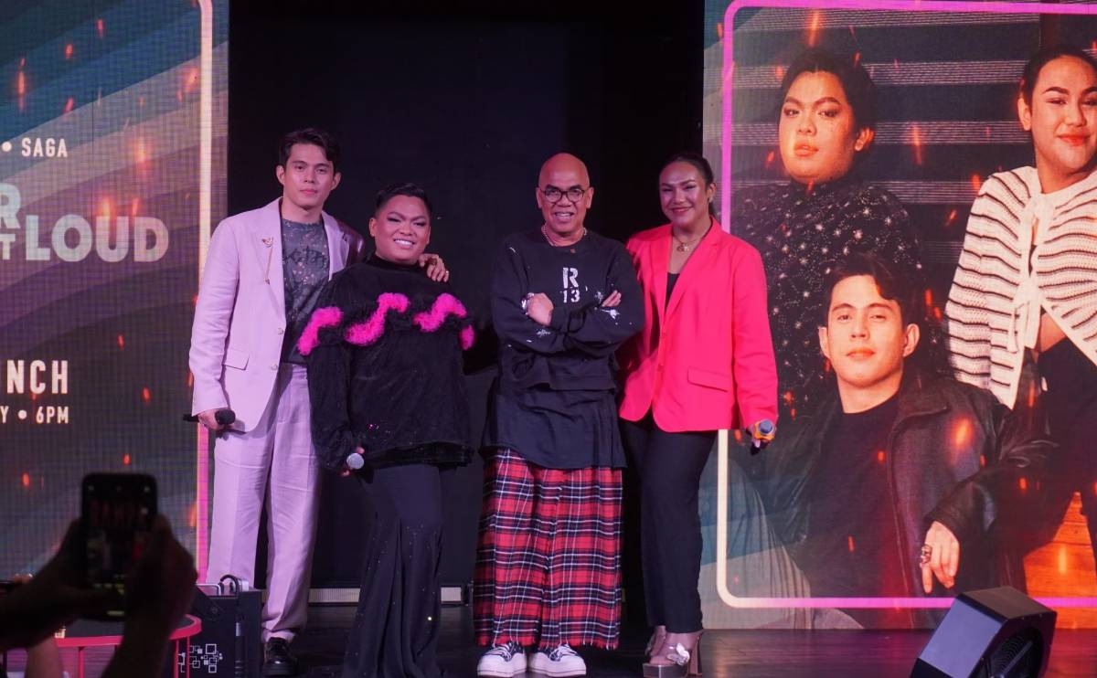 New full-fledged songwriter Boy Abunda with singers — and proud LGBTQIA+ members — who rendered his precious songs (from left) Anton Antenorcruz, John Mark Saga and Raven Heyres.