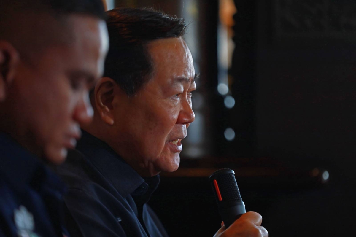 Retired Supreme Court Associate Justice Antonio Carpio and Philippine Coast Guard Commodore Jay Tarriela, spokesman on the West Philippine Sea, answer media questions on the arbitral ruling, eight years after, at the weekly 'Kapihan sa Manila Bay,' on July 17, 2024. PHOTO BY MIKE ALQUINTO