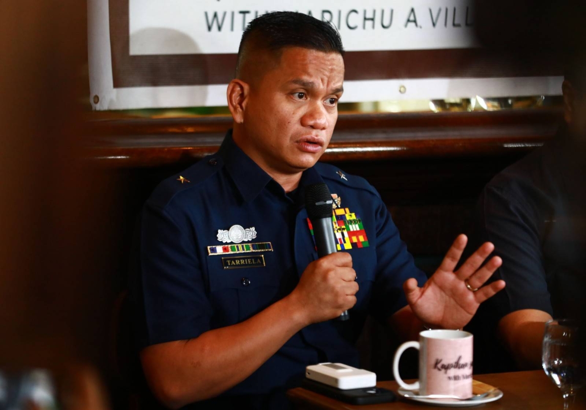 Retired Supreme Court Associate Justice Antonio Carpio and Philippine Coast Guard Commodore Jay Tarriela, spokesman on the West Philippine Sea, answer media questions on the arbitral ruling, eight years after, at the weekly 'Kapihan sa Manila Bay,' on July 17, 2024. PHOTO BY MIKE ALQUINTO