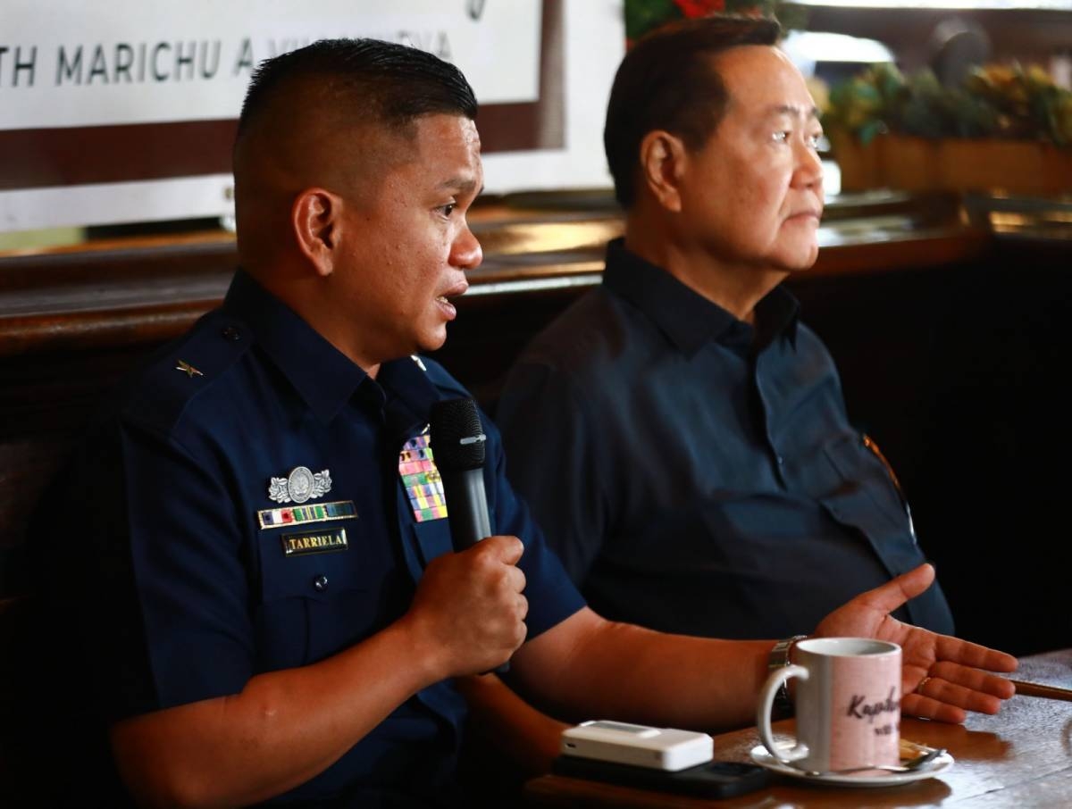 Retired Supreme Court Associate Justice Antonio Carpio and Philippine Coast Guard Commodore Jay Tarriela, spokesman on the West Philippine Sea, answer media questions on the arbitral ruling, eight years after, at the weekly 'Kapihan sa Manila Bay,' on July 17, 2024. PHOTO BY MIKE ALQUINTO