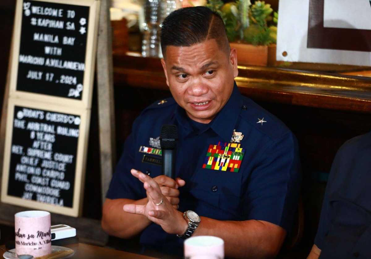 Retired Supreme Court Associate Justice Antonio Carpio and Philippine Coast Guard Commodore Jay Tarriela, spokesman on the West Philippine Sea, answer media questions on the arbitral ruling, eight years after, at the weekly 'Kapihan sa Manila Bay,' on July 17, 2024. PHOTO BY MIKE ALQUINTO